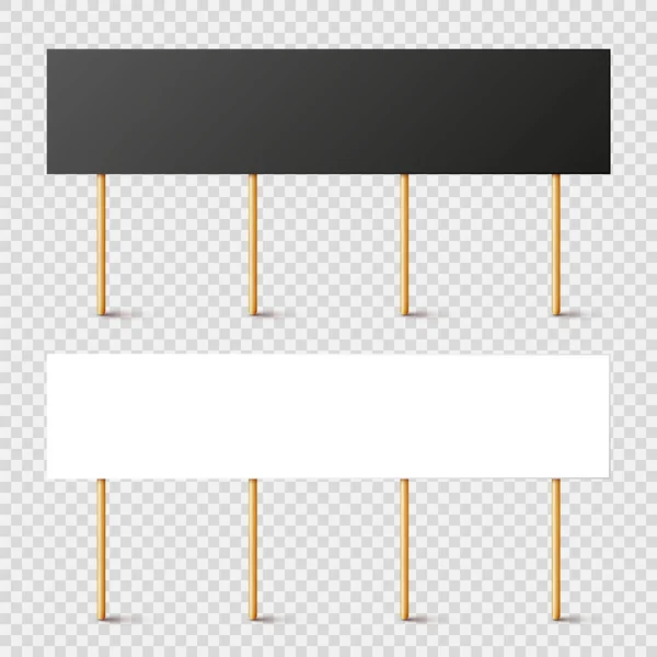 Blank black and white protest signs with wooden holder. Realistic vector demonstration banner. Strike action cardboard placard mockup. — Stock Vector