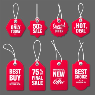 Gri arka planda beyaz ipli gerçekçi kırmızı fiyat etiketleri. Özel teklif ya da indirim etiketi. Satış kağıdı çıkartması. Promosyon satış rozeti. Vektör illüstrasyonu.