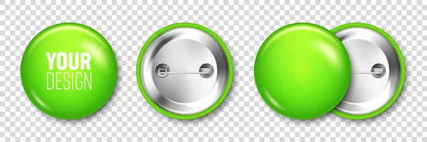 Реалистичный зеленый бейдж изолирован на прозрачном фоне. Трехмерная круглая кнопка. Пин-значок, макет брошь для продвижения продукции и рекламы. Векторная иллюстрация. — стоковый вектор