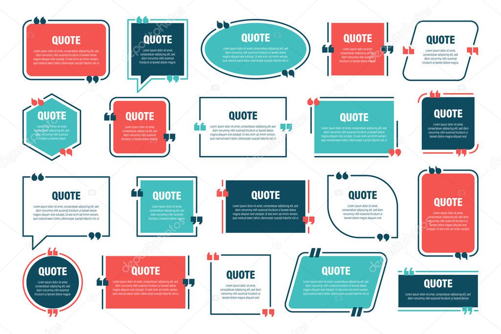Set of various colorful isolated quote frames. Speech bubbles with quotation marks. Blank text box and quotes. Blog post template. Vector illustration.
