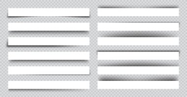 Gölgeli beyaz kağıt kırıntıları. İşaretli arkaplanda sayfa ayırıcıları. Gerçekçi şeffaf gölge etkisi. Tasarım elementi. Vektör illüstrasyonu.