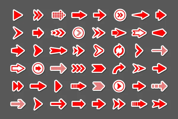 カラフルな矢印ステッカーセット。赤いカーソルアイコン、ポインタコレクション。異なる形状の単純な矢印。次に、バックウェブサイン。ベクターイラスト. — ストックベクタ