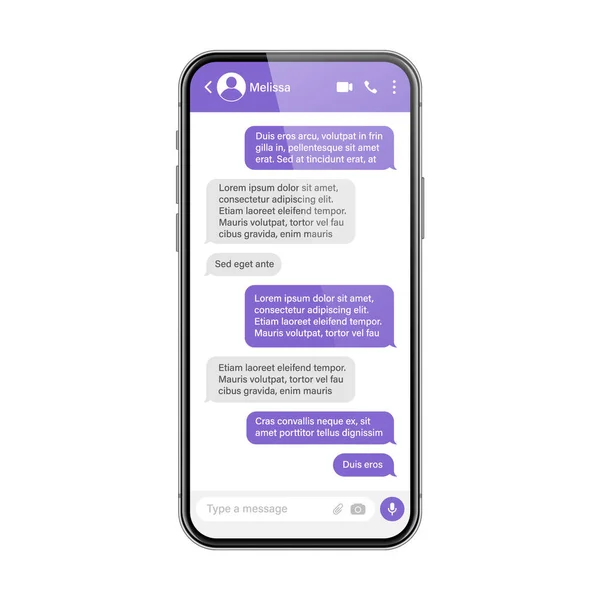 Smartphone realistico con app di messaggistica. Cornice SMS. Schermata chat di conversazione con bolle di messaggio viola e testo segnaposto. Applicazione sui social media. Illustrazione vettoriale. — Vettoriale Stock