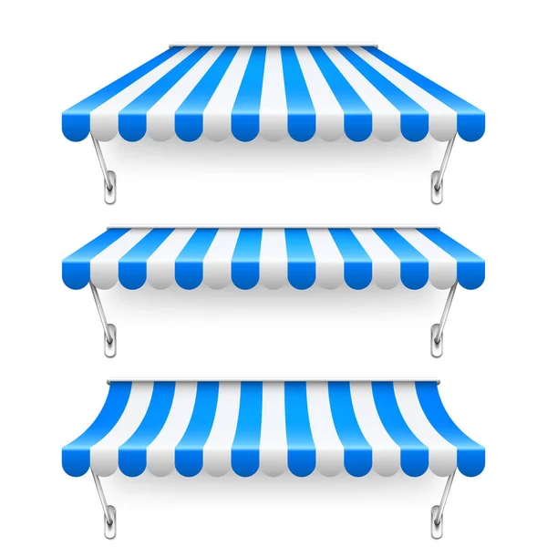 用金属架购买遮阳伞.现实的蓝色条纹咖啡店遮阳篷。户外市场帐篷。屋顶天篷。夏天街上商店。矢量说明. — 图库矢量图片