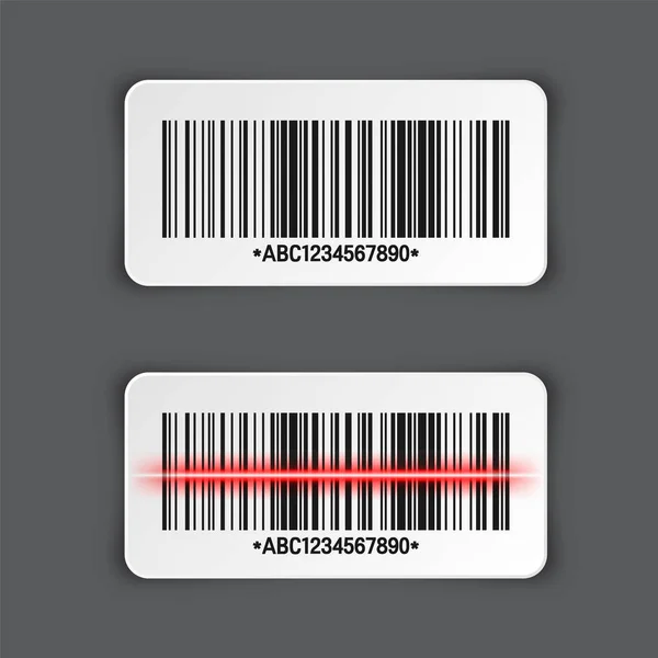 Realistic barcode sticker on gray background. Identification tracking code. Serial number, product ID with digital information. Store or supermarket scan labels, price tag. Vector illustration. — Stock Vector