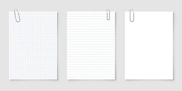 Folhas de papel em branco realista em formato A4 com clipe de metal, suporte em fundo cinza. Notebook page, documento. Modelo de design ou maquete. Ilustração vetorial. —  Vetores de Stock