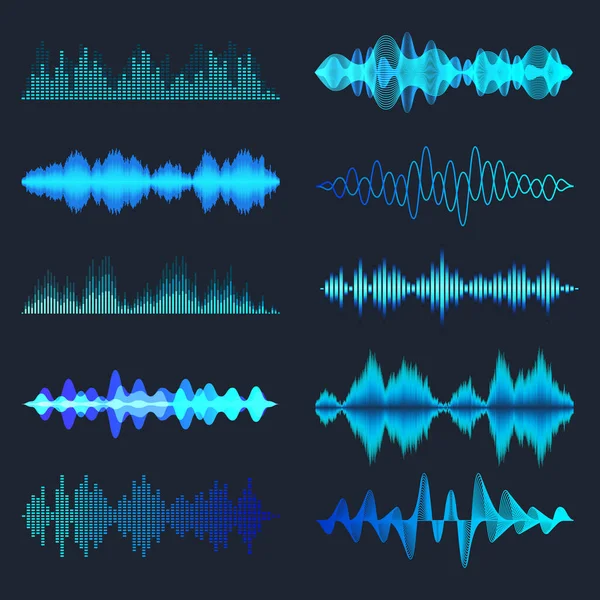 Blaue bunte Schallwellen Sammlung. Analoges und digitales Audiosignal. Musik-Equalizer. Interferenz-Sprachaufnahme. Hochfrequente Radiowelle. Vektorillustration. — Stockvektor