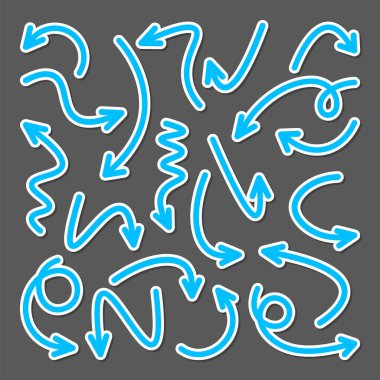 Renkli el çizimi ok çıkartmaları ayarlandı. Blue Pointers koleksiyonu. Farklı şekillerde basit oklar. Yön işaretleri. Vektör illüstrasyonu.