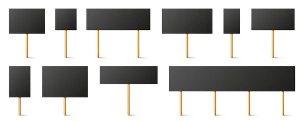 Blank black protest signs with wooden holder. Realistic vector demonstration banner. Strike action cardboard placard mockup. — Stock Vector