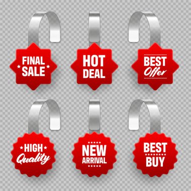 Reklam metniyle süpermarket tanıtımcıları. Rafların reklamları için gerçekçi bir vektör titreşim şablonu. İndirim ya da indirim etiketi. Özel teklif fiyat etiketi.