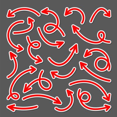 Renkli el çizimi ok çıkartmaları ayarlandı. Kırmızı noktalar koleksiyonu. Farklı şekillerde basit oklar. Yön işaretleri. Vektör illüstrasyonu.