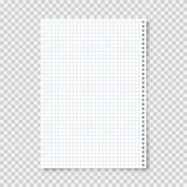 Şeffaf arkaplanda A4 formatında, gerçekçi, boş, kağıttan bir sayfa. Defter sayfası, belge. Tasarım şablonu veya maketi. Vektör illüstrasyonu.