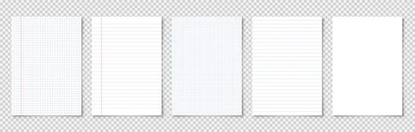 Realistische linierte Papierbögen im DIN-A4-Format auf transparentem Hintergrund. Notizbuch, Dokument. Design-Vorlage oder Attrappe. Vektorillustration. — Stockvektor