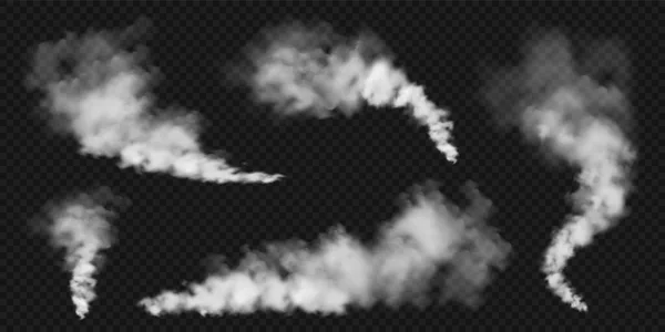 Nubes de humo realistas. Corriente de humo de objetos en llamas. Efecto niebla transparente. Vapor blanco, niebla. Elemento de diseño vectorial. — Vector de stock