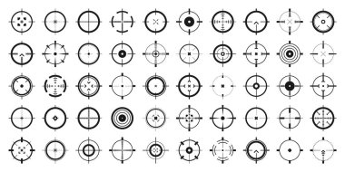 Crosshair, gun sight vector icons. Bullseye, black target or aim symbol. Military rifle scope, shooting mark sign. Targeting, aiming for a shot. Archery, hunting and sports shooting. Game UI element. clipart