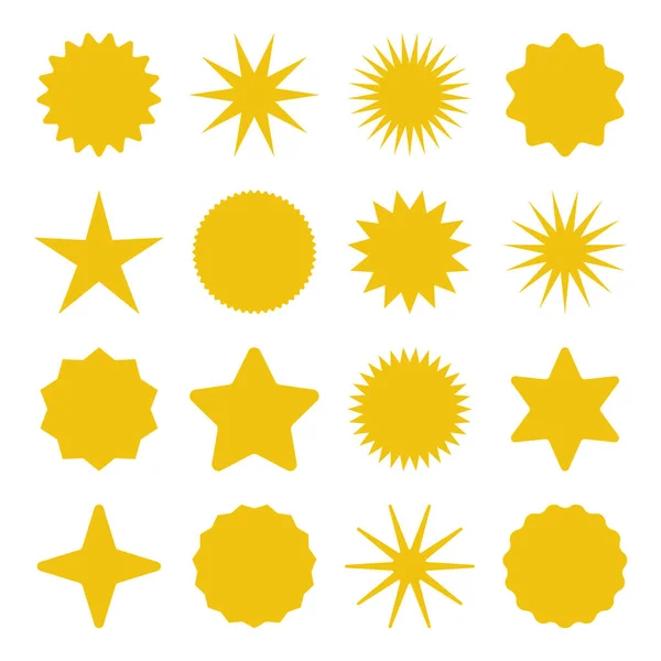 Retro stars, sunburst symbols. Vintage sunbeam icons. Yellow shopping labels, sale or discount sticker, quality mark. Special offer price tag, promotional badge. Vector illustration. — Stock Vector