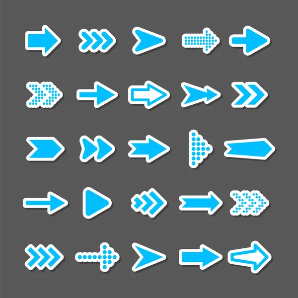 Kleurrijke pijlstickers ingesteld. Blauwe cursor pictogrammen, wijzers collectie. Eenvoudige pijlen in verschillende vormen. Vervolgens, achterste webtekens. Vectorillustratie. — Stockvector