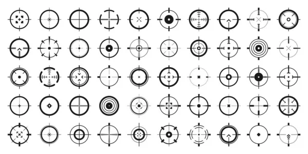 Crosshair, íconos vectoriales de armas. Ojo de toro, blanco negro o símbolo de puntería. Escándalo con rifle militar, señal de disparo. Apuntando, apuntando a un tiro. Tiro con arco, caza y tiro deportivo. Elemento interfaz de juego. — Archivo Imágenes Vectoriales