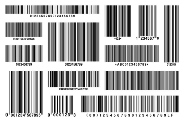 Conjunto de códigos de barras do produto. Código de identificação. Número de série, ID do produto com informação digital. Rótulos de varredura de loja ou supermercado, preço. Ilustração vetorial. — Vetor de Stock