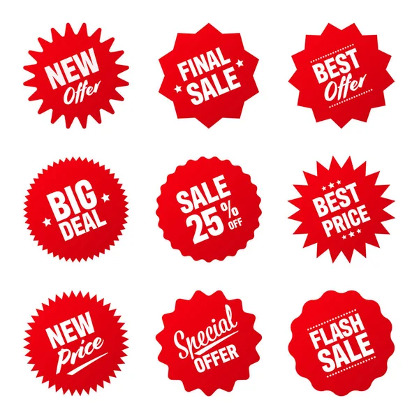 Realistische rood gekantelde prijskaartjes collectie. Speciale aanbieding of shopping korting label. Papiersticker voor de detailhandel. Promotionele verkoop badge. Vectorillustratie. — Stockvector