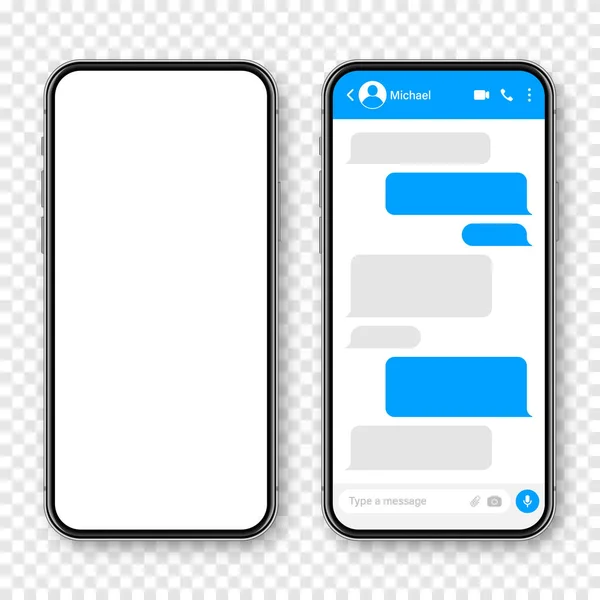 Smartphone realista con aplicación de mensajería. Marco de texto SMS en blanco. Pantalla de chat de conversación con burbujas de mensajes azules. Aplicación de redes sociales. Ilustración vectorial. — Vector de stock