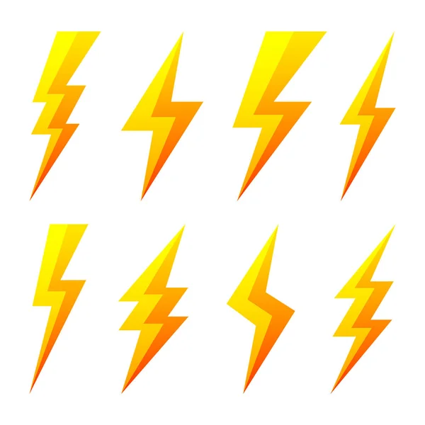 Yellow lightning bolt icons isolated on white background. Flash symbol, thunderbolt. Simple lightning strike sign. Vector illustration. — Stock Vector