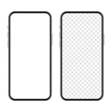 Beyaz arka planda boş dokunmatik ekranlı gerçekçi akıllı telefon. Ön görüntüde çerçevesiz cep telefonu var. Yüksek kalite detaylı cihaz modeli. Vektör illüstrasyonu.