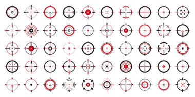 Crosshair, silah görüş vektör simgeleri. Tam isabet, siyah hedef ya da nişan sembolü. Askeri tüfek dürbünü, işaret fişeği. Nişan alıyorum, nişan alıyorum. Okçuluk, avcılık ve spor atıcılığı. Oyun UI ögesi.