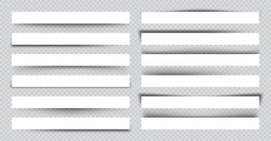 Gölgeli beyaz kağıt kırıntıları. İşaretli arkaplanda sayfa ayırıcıları. Gerçekçi şeffaf gölge etkisi. Tasarım elementi. Vektör illüstrasyonu.