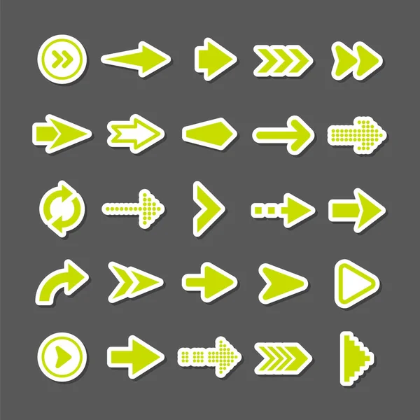 Kleurrijke pijlstickers ingesteld. Groene cursor pictogrammen, wijzers collectie. Eenvoudige pijlen in verschillende vormen. Vervolgens, achterste webtekens. Vectorillustratie. — Stockvector