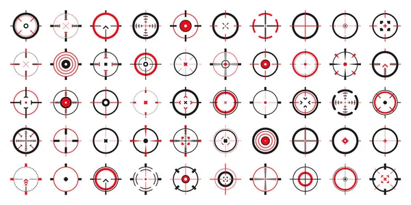 Crosshair, íconos vectoriales de armas. Ojo de toro, blanco negro o símbolo de puntería. Escándalo con rifle militar, señal de disparo. Apuntando, apuntando a un tiro. Tiro con arco, caza y tiro deportivo. Elemento interfaz de juego. — Vector de stock