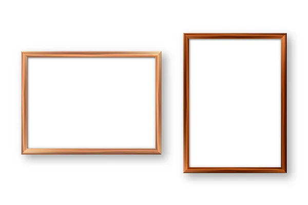 Realistic wooden picture frames with shadow isolated on white background. Blank poster mockup. Empty photo frame. Vector illustration. — Stock Vector