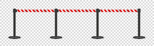 Realistic retractable belt stanchion on transparent background. Crowd control barrier posts with caution strap. Queue lines. Restriction border and danger tape. Vector illustration. — Stock Vector