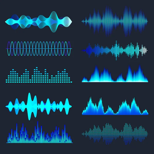 Sbírka modrých barevných zvukových vln. Analogový a digitální audio signál. Hudební ekvalizér. Rušení hlasové nahrávky. Vysokofrekvenční rádiová vlna. Vektorová ilustrace. — Stockový vektor