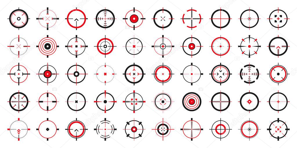 Crosshair, gun sight vector icons. Bullseye, black target or aim symbol. Military rifle scope, shooting mark sign. Targeting, aiming for a shot. Archery, hunting and sports shooting. Game UI element.