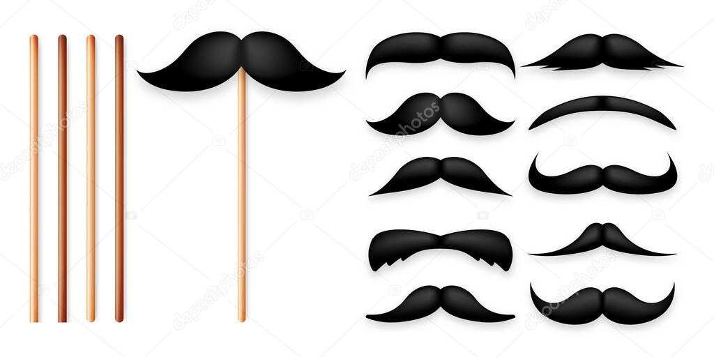 Realistic black mustache on a wooden stick. Fake paper mustache isolated on white background. Fashionable facial hair. Vintage design element. Creative vector illustration.