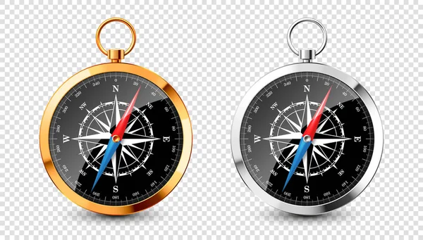 Realistic silver, golden vintage compass with marine wind rose and cardinal directions of North, East, South, West. Shiny metal navigational compass. Cartography and navigation. Vector illustration. — Stock Vector