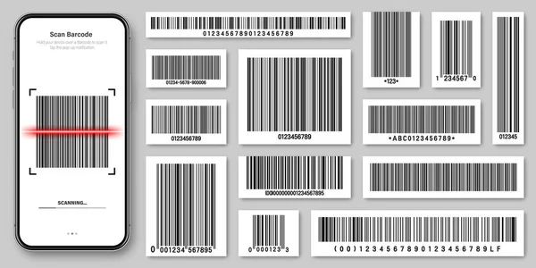 Productbarcodes collectie. Smartphone applicatie, scanner app. Identificatiecode. Serienummer, product-ID met digitale informatie. Winkel, supermarkt scan labels, vector prijskaartje. — Stockvector