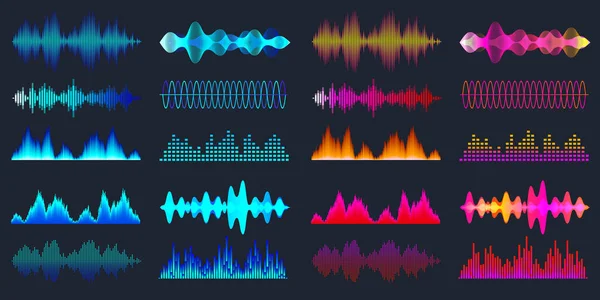 Blaue und rote bunte Schallwellen Sammlung. Analoges und digitales Audiosignal. Musik-Equalizer. Interferenz-Sprachaufnahme. Hochfrequente Radiowelle. Vektorillustration. — Stockvektor