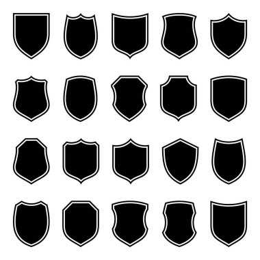 Çeşitli klasik kalkan simgeleri seti. Siyah çizgili kraliyet kalkanları. Koruma ve güvenlik sembolü, etiket. Vektör illüstrasyonu.