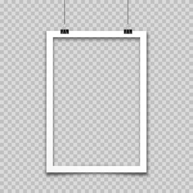 Gerçekçi asılı boş fotoğraf kartı çerçevesi, film seti. Retro vintage fotoğraf. Dijital enstantane görüntüsü. Tasarım için şablon ya da maket. Vektör illüstrasyonu.