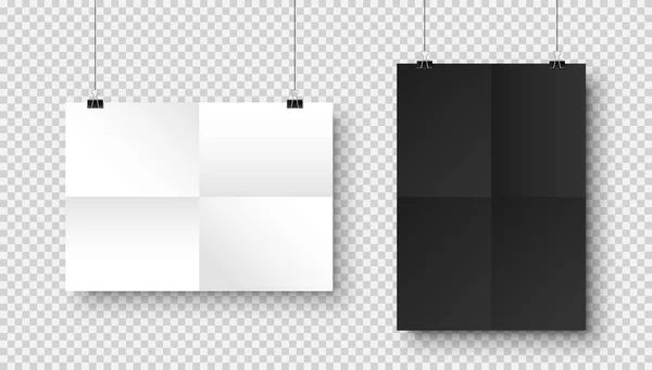 Realistické prázdné papírové listy ve formátu A4 se stínem na kostkovaném pozadí. Černobílá skládaná stránka sešitu. Design plakátu, šablony nebo makety. Vektorová ilustrace. — Stockový vektor