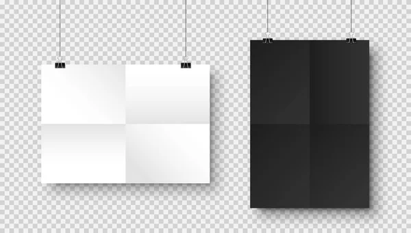 Realisztikus üres akasztott papír lapok A4-es méretben, árnyék kockás háttérrel. Fekete-fehér hajtogatott notebook oldal. Tervezési plakát, sablon vagy mockup. Vektorillusztráció. — Stock Vector