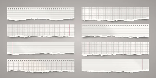 Långa rivna pappersremsor. Realistiska skrynkliga pappersrester med rivna kanter. Fodrad strimlor av anteckningsböcker sidor. Vektorillustration. — Stock vektor
