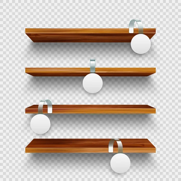Realistinen vektori puukaupan hyllyt, supermarket myynninedistämistarkoituksessa wobblers. Tuote hylly mainonta wobbler. Ruokaseinäteline. Myynti tai alennus hintalappu. — vektorikuva