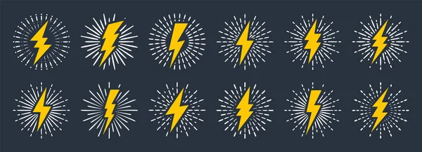 Set of yellow vintage lightning bolts and sun rays. Lightnings with sunburst effect. Thunderbolt, electric shock sign. Vector illustration. — Stock Vector