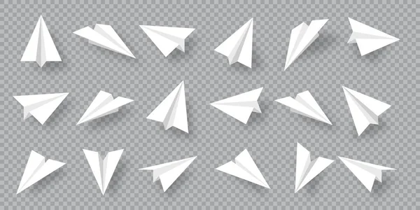 透明な背景にリアルな手作りの紙飛行機コレクション。平面形状の折り紙航空機。ベクターイラスト. — ストックベクタ