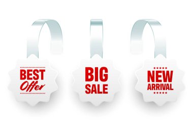 Süpermarket tanıtım sallantıları beyaz arka planda izole edilmiş. Rafların reklamını yapmak için gerçekçi bir şablon. Reklam metniyle indirimli veya indirimli etiket. Özel fiyat etiketi. Vektör illüstrasyonu.