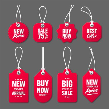 Gri arka planda beyaz ipli gerçekçi kırmızı fiyat etiketleri. Özel teklif ya da indirim etiketi. Satış kağıdı çıkartması. Promosyon satış rozeti. Vektör illüstrasyonu.