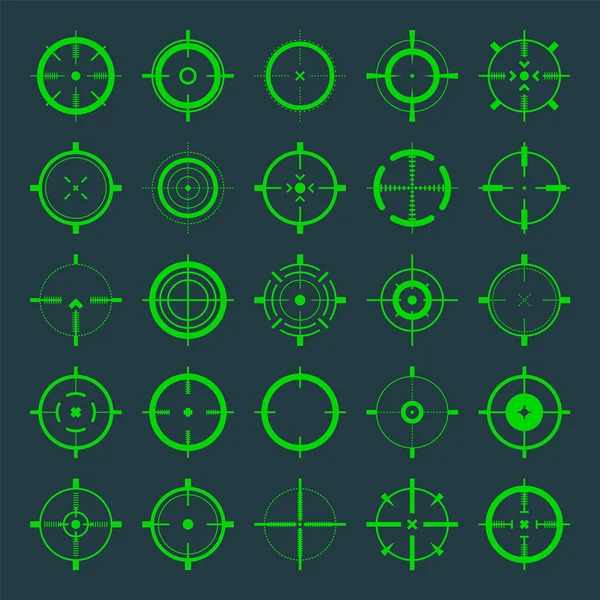 Crosshair, íconos vectoriales de armas. Ojo de toro, blanco verde o símbolo de puntería. Escándalo con rifle militar, señal de disparo. Apuntando, apuntando a un tiro. Tiro con arco, caza y tiro deportivo. Elemento interfaz de juego. — Vector de stock